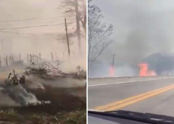 Caminhonete atola e pega fogo durante combate a incêndio em Linhares