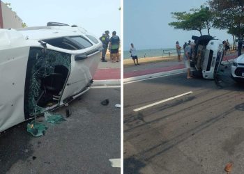 Motorista fica ferido após capotar carro na orla de Itapuã