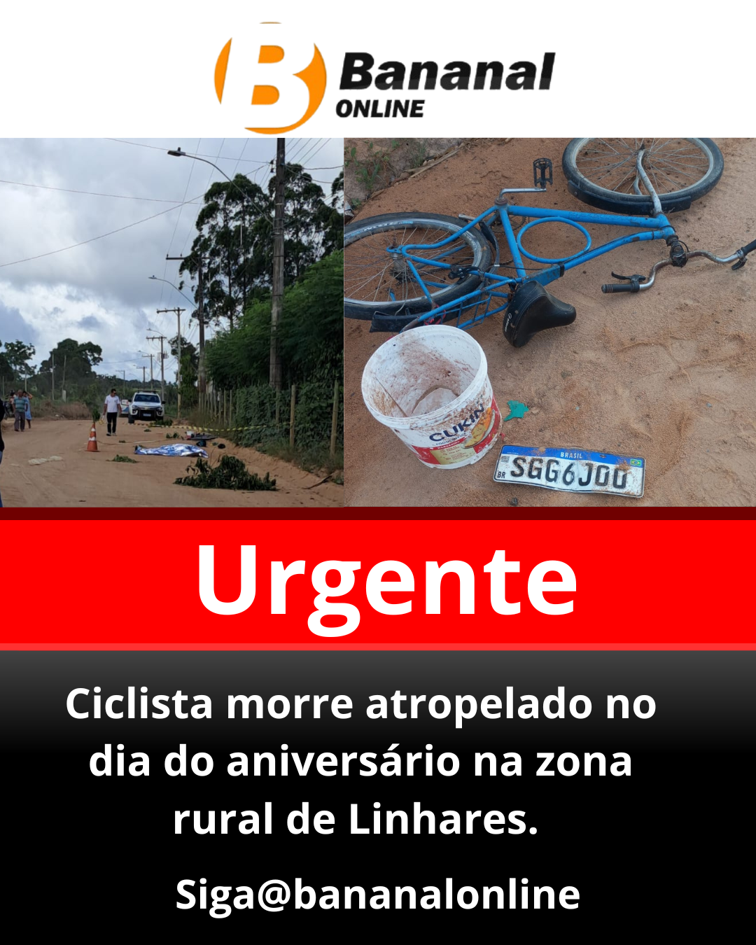 Ciclista morre atropelado no dia do aniversário na zona rural de Linhares Ciclista morre atropelado no dia do aniversário na zona rural de Linhares