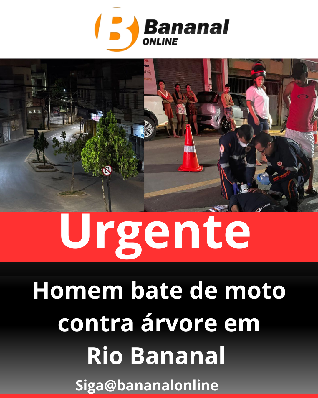 Homem sofre acidente de moto e bate em árvore no bairro Santo Antônio, em Rio Bananal